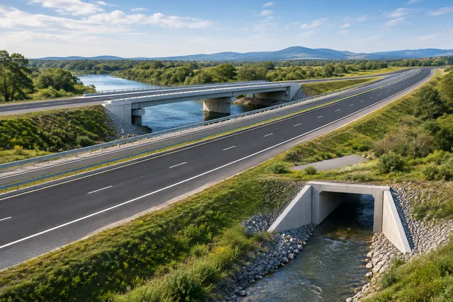 Conceptual illustration of a dual carriageway road upgrade featuring a precast concrete bridge and culvert in a natural setting.