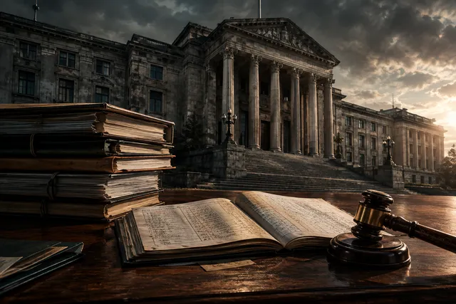 An editorial illustration of a large, imposing government building facade with a stack of official documents and a gavel on a wooden desk, symbolizing unresolved administrative issues.