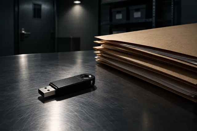 AI illustration based on reference photographs; not an event photograph. A digital storage device rests on a metallic surface within a dimly lit, secure evidence room, surrounded by plain manila folders.