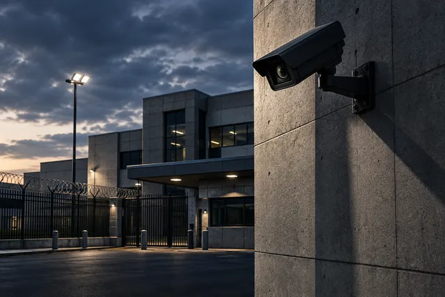 AI illustration based on reference photographs; not an event photograph. A surveillance camera mounted on a textured concrete wall within a secure, institutional setting.