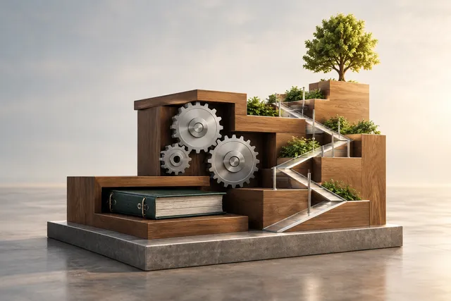 Editorial illustration of a sturdy, structured business foundation with interlocking gears and organized pathways symbolizing sound management and compliance.