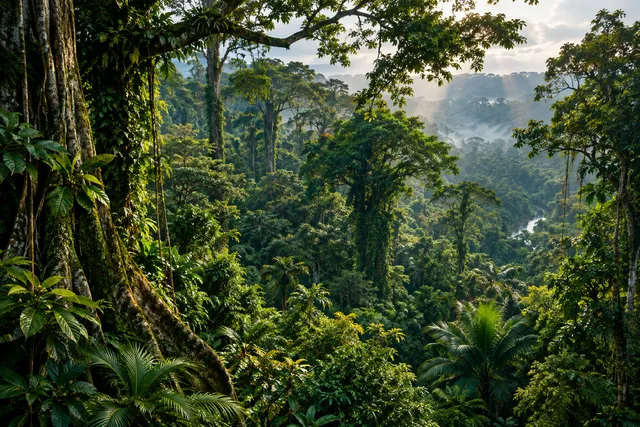 Dense tropical rainforest canopy with intricate layers of vegetation.