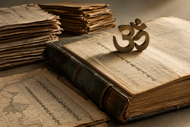 A conceptual illustration of stacked census documents and a religious symbol on a ledger, representing demographic data analysis.
