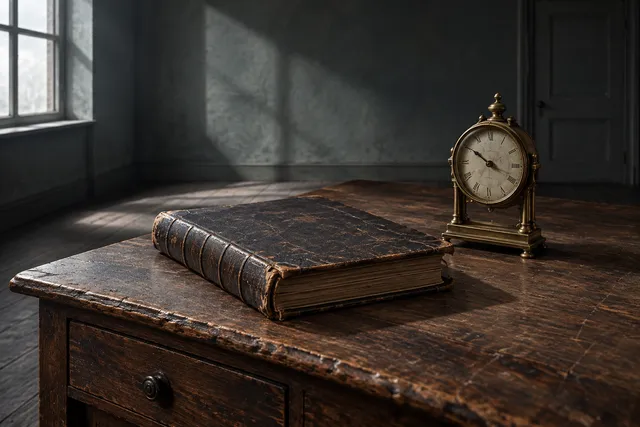 AI illustration based on reference photographs; not an event photograph. A conceptual illustration of a worn leather ledger and a frozen brass clock resting on a weathered wooden desk in a dimly lit, empty room.