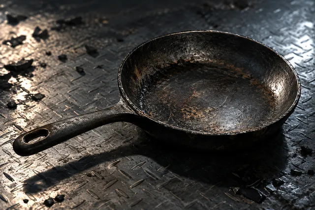 AI illustration based on reference photographs; not an event photograph. A heavy, dark metal frying pan rests on a textured metallic surface in a dramatic, tense editorial illustration.