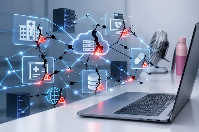 AI illustration based on reference photographs; not an event photograph. Abstract illustration of failing digital healthcare infrastructure with disconnected nodes.