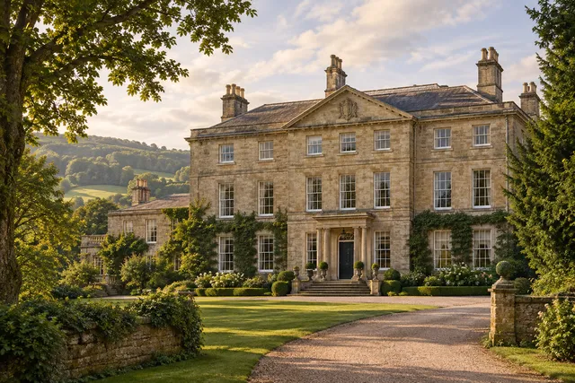 AI illustration based on reference photographs; not an event photograph. A stately Georgian mansion in a green market town setting, illustrating a lifestyle change.
