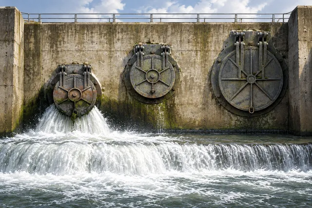 AI illustration based on reference photographs; not an event photograph. A concrete structure with three large, circular metal sluice gates releasing turbulent water into a body of water.