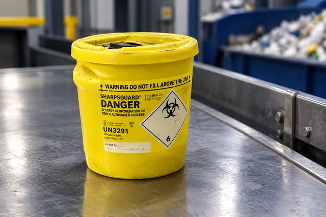 AI illustration based on reference photographs; not an event photograph. A bright yellow, plastic, cylindrical sharps container rests on a cold, industrial metal surface in a stark, professional setting.