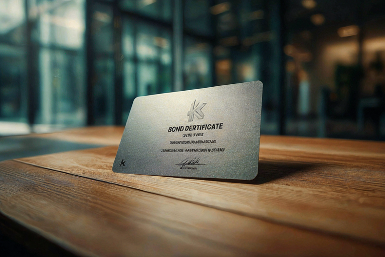 A close-up of an unbranded HKD bond certificate on a wooden table with a blurred financial office in the background.
