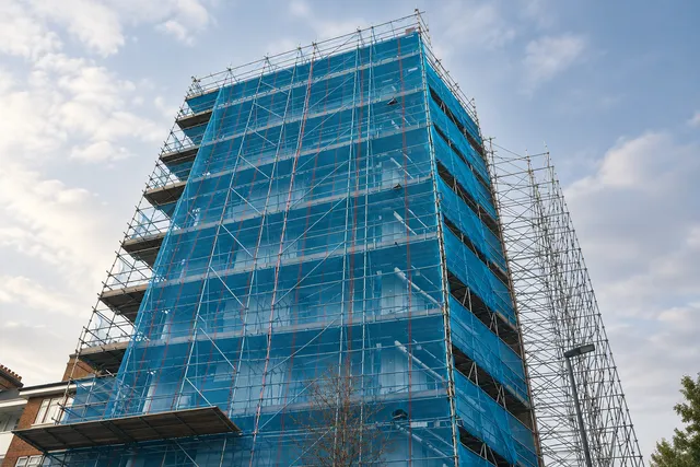 AI illustration based on reference photographs; not an event photograph. A tall, modern tower block building completely covered in extensive metal scaffolding and blue safety netting.