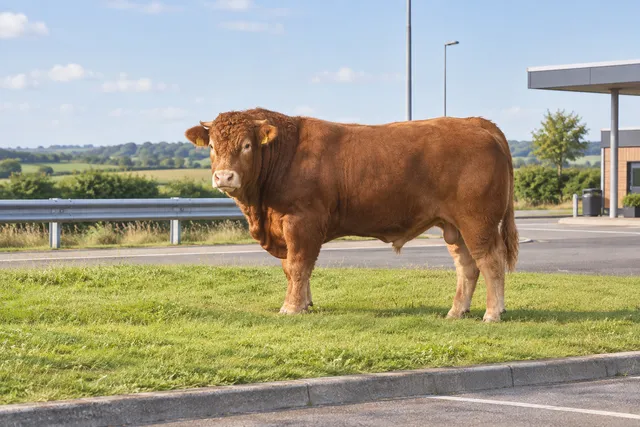 AI illustration based on reference photographs; not an event photograph. A large, brown bull stands in a grassy area near a roadside service station, facing open fields.