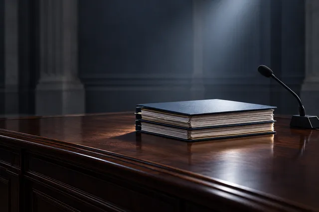 AI illustration based on reference photographs; not an event photograph. A professional editorial illustration of a dark wooden desk with a stack of official documents under a focused beam of light in a vast, empty, formal setting.