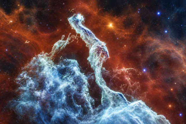 AI illustration based on reference photographs; not an event photograph. Editorial illustration of the Cat's Head Nebula, showing intricate, wispy structures in white and light blue against a dark, reddish-brown stellar background.