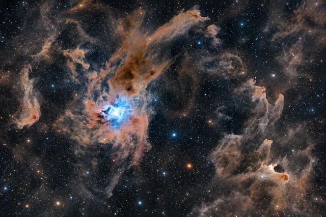 AI illustration based on reference photographs; not an event photograph. A wide-field astronomical illustration showing the Ghost Nebula and Iris Nebula within the Cepheus constellation, featuring dusty clouds in brown, white, and blue against a dark, star-filled background.