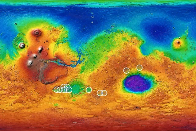 AI illustration based on reference photographs; not an event photograph. A false color global map of Mars with overlaid white circles indicating potential origin locations for a Martian meteorite.
