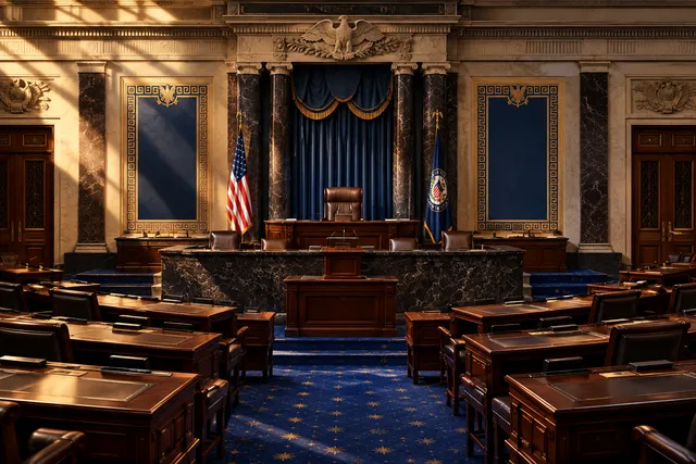 AI illustration based on reference photographs; not an event photograph. An empty, formal legislative chamber with dramatic lighting, suggesting political deliberation.