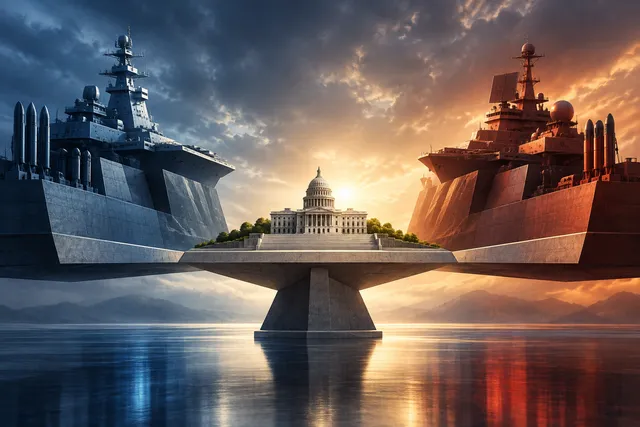 AI illustration based on reference photographs; not an event photograph. Conceptual illustration of a neutral structure balanced between two opposing, powerful forces.