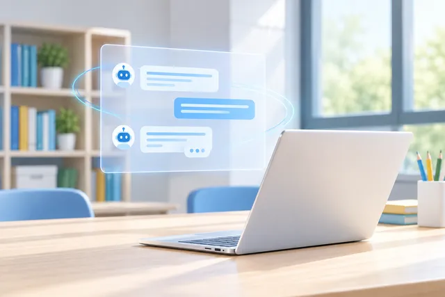 AI illustration based on reference photographs; not an event photograph. An editorial illustration depicting a conceptual interface for early interaction with artificial intelligence in a modern, unpopulated educational setting.