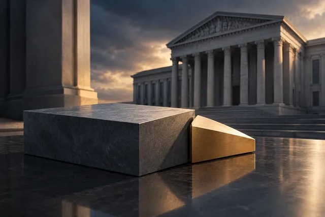 AI illustration based on reference photographs; not an event photograph. An editorial illustration of a conceptual governmental structure with a policy proposal resting on a dark surface, symbolizing policy deliberation.