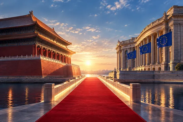 AI illustration based on reference photographs; not an event photograph. An editorial illustration showing two monumental, contrasting architectural forms connected by a central, illuminated pathway, symbolizing dialogue between two entities.