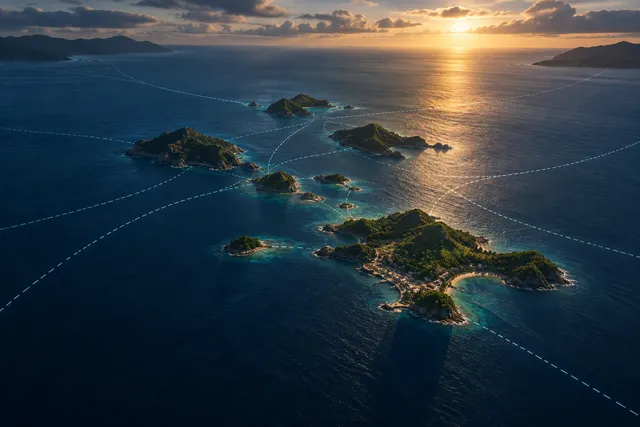 AI illustration based on reference photographs; not an event photograph. An editorial illustration of a cluster of islands in a vast ocean, emphasizing geographical vulnerability and maritime routes.