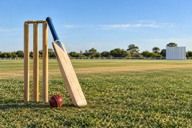 AI illustration based on reference photographs; not an event photograph. A cricket bat rests on a grassy field near stumps in a professional editorial illustration.
