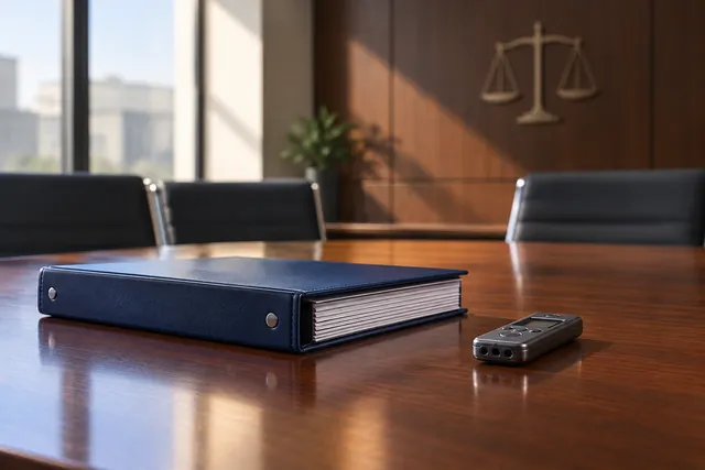 AI illustration based on reference photographs; not an event photograph. A dark blue binder and a small electronic device rest on a polished wooden table in an empty conference room, symbolizing restorative justice proceedings.