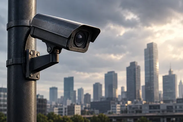 AI illustration based on reference photographs; not an event photograph. A surveillance camera mounted on a pole in a muted urban setting, illustrating themes of investigation and monitoring.