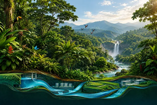 Editorial illustration of a lush tropical forest ecosystem integrated with abstract symbols of human sustenance and economic foundations.