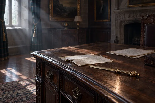 AI illustration based on reference photographs; not an event photograph. An editorial illustration of an antique wooden desk inside a grand, empty castle room, illuminated by dramatic shafts of light.