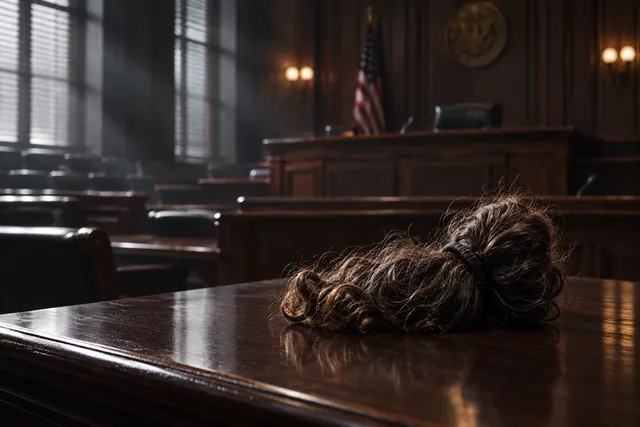 AI illustration based on reference photographs; not an event photograph. An empty, dimly lit courtroom setting with a single mass of dark, wavy hair resting on a polished wooden surface, conveying a sense of legal gravity and emotional weight.