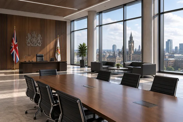 AI illustration based on reference photographs; not an event photograph. An empty, modern government office interior with high ceilings and large windows, suggesting a center for administrative work.
