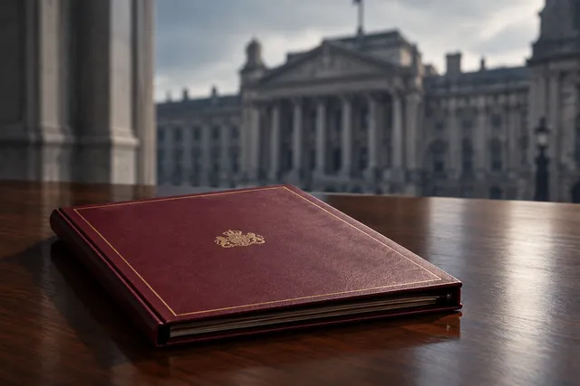 AI illustration based on reference photographs; not an event photograph. A dark red folder rests on a polished dark wood surface, set against a blurred backdrop of a large government building facade.