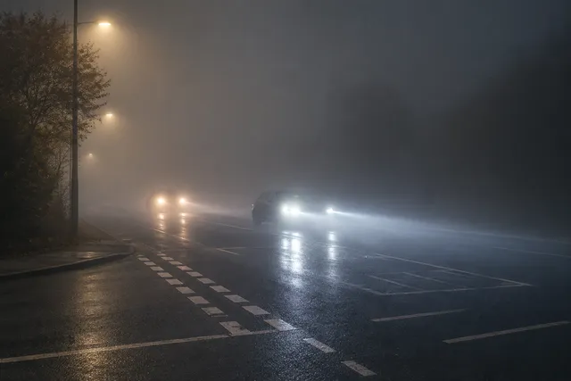 AI illustration based on reference photographs; not an event photograph. A dark, foggy road scene with dense fog obscuring visibility.