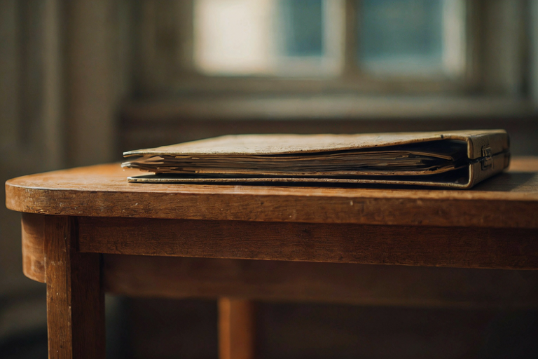 A plain wooden table with an open metal briefcase showing folders, set against a softly blurred dimly lit room.