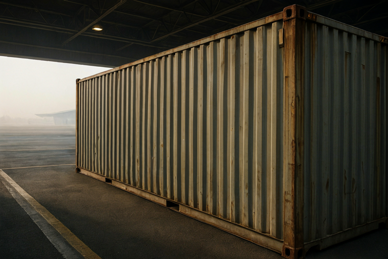 A weathered cargo container on a dim loading dock with a distant airport runway visible through mist.