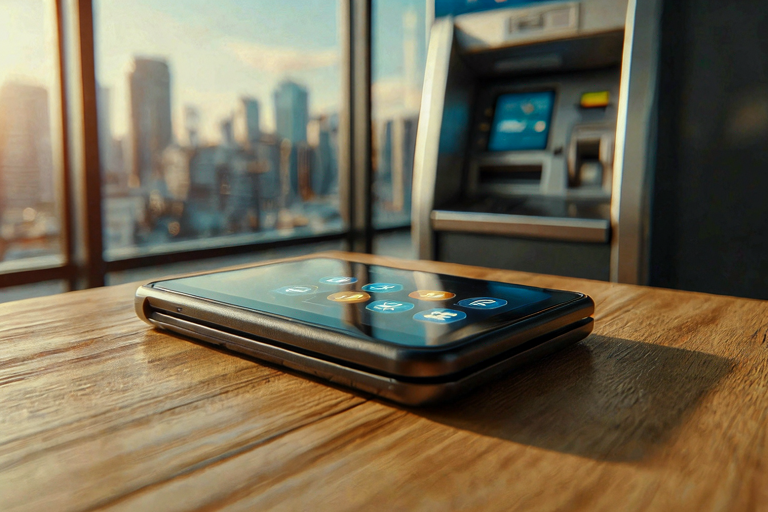 A digital wallet with glowing currency symbols on a wooden surface, reflecting a blurred cityscape.