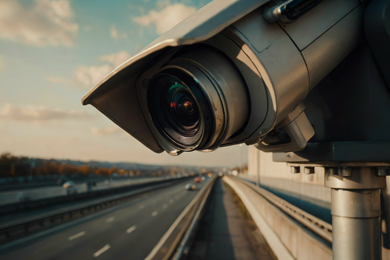 A camera unit scans a motorway with blurred vehicles in the distance.