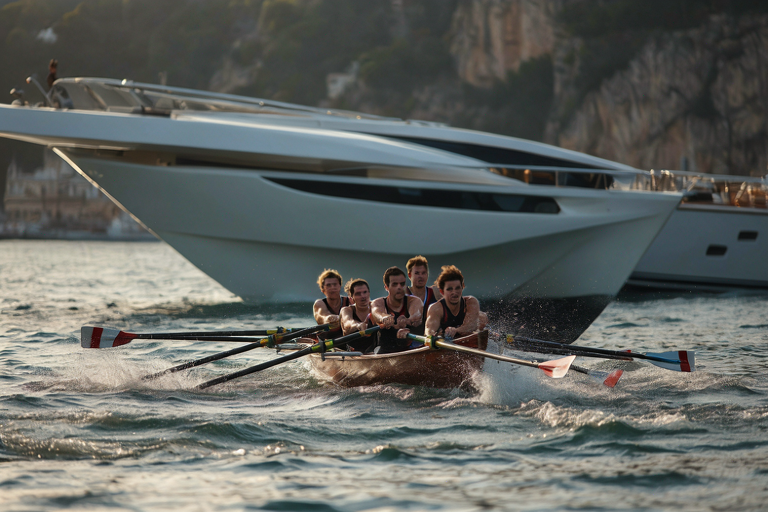 A yacht disturbs a rowing boat during a coastal race, with athletes rowing furiously in the wake.