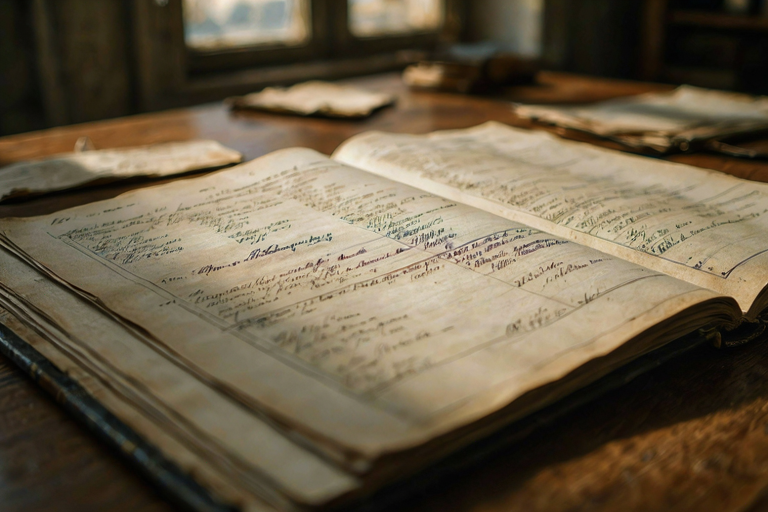 A ledger book with handwritten entries sits on a wooden table in a dimly lit room.