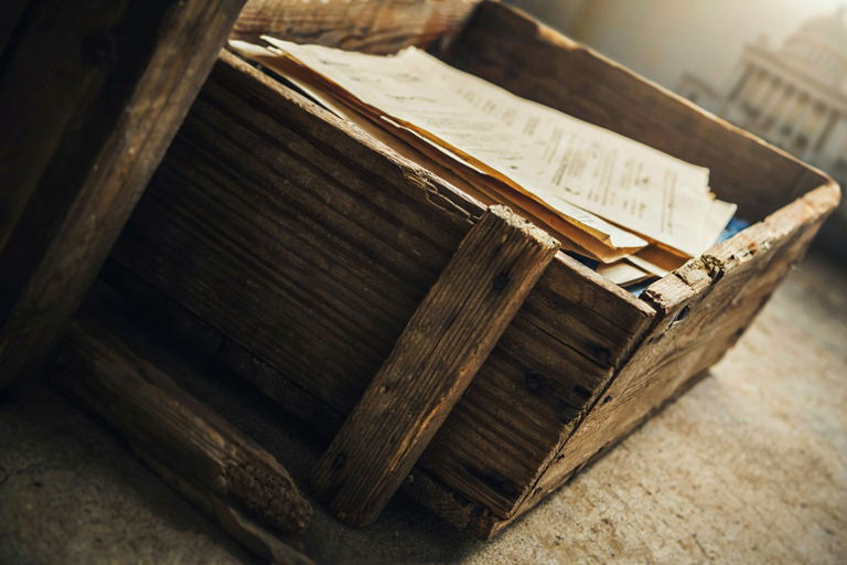 A wooden crate containing legal documents on a dusty floor, with a blurred government building in the background.