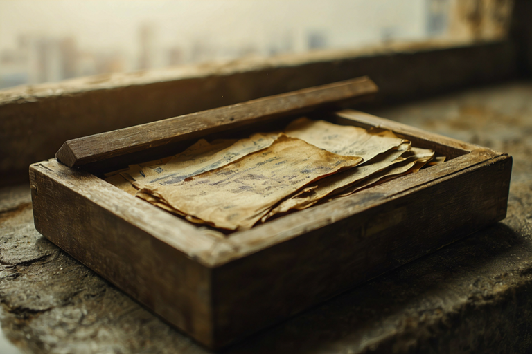 A wooden box with old documents inside, partially lit, set against a blurred city skyline.