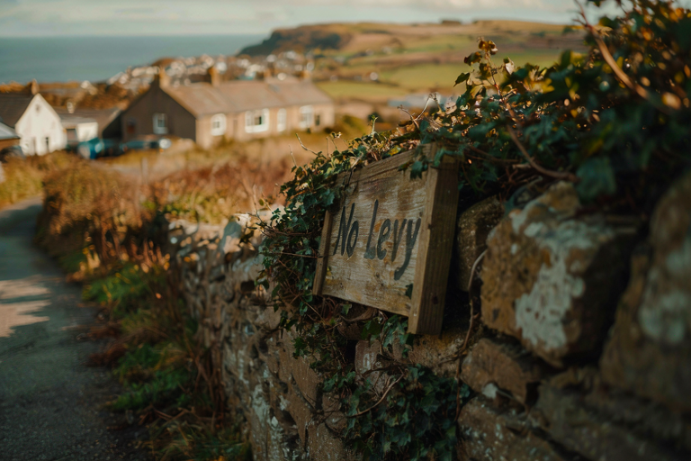 A faded wooden sign reading 'No Levy' leans against a stone wall in a coastal village in North Wales, with modest cottages and rolling hills in the background.