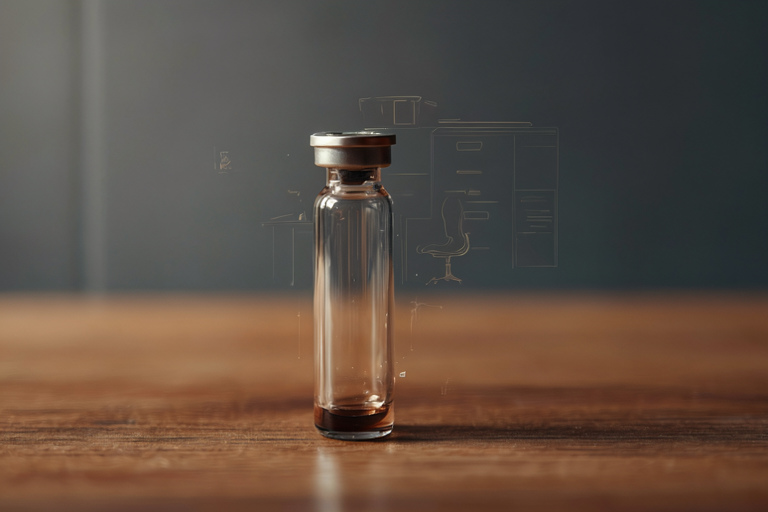 A glass vial with dark liquid sits on a wooden surface in a dimly lit room.