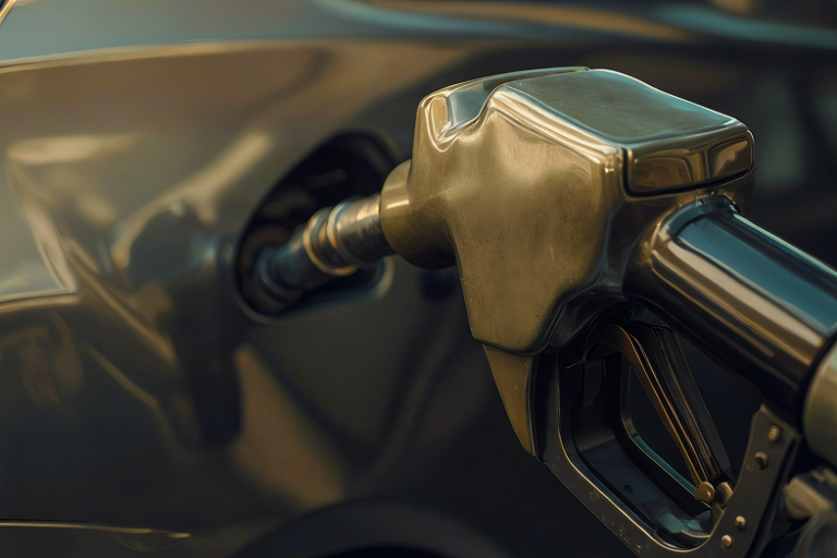 Transparent fuel pump nozzle reflecting in a dark fuel tank with a car silhouette in the background.