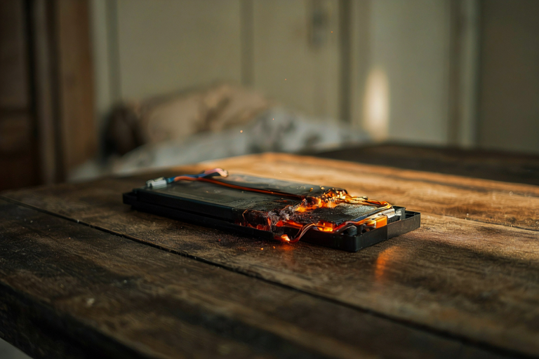 A charred lithium-ion battery glowing on a wooden table, with a blurred bedroom wall in the background.