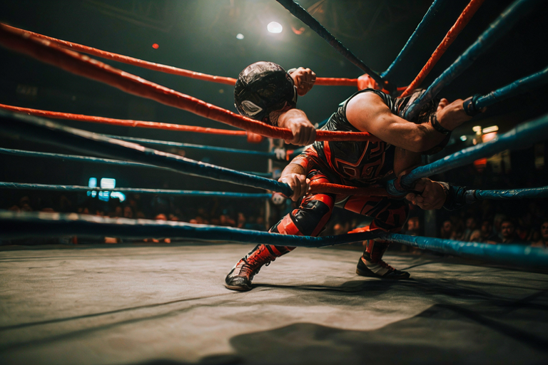 Wrestler in action with blurred arena background