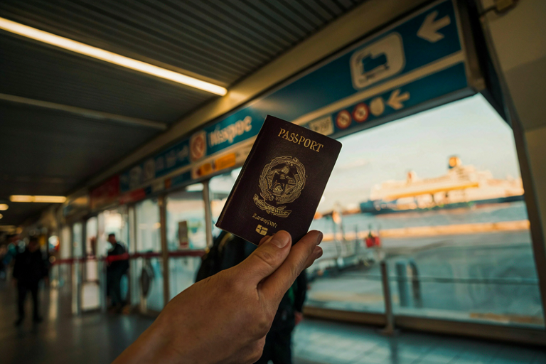 Passport presented at ferry terminal with blurred background