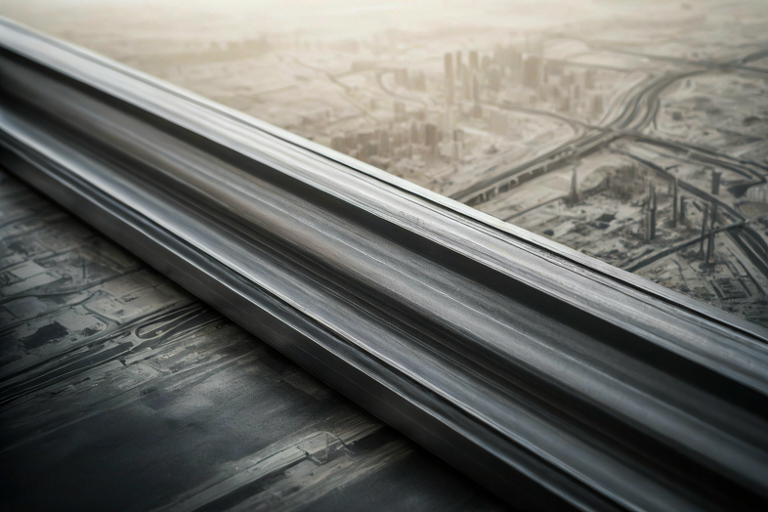 A dark metal beam positioned diagonally, partially lit, with a blurred cityscape in the background suggesting infrastructure development.